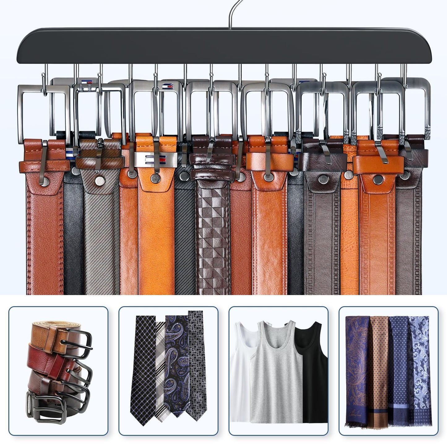 Resovo Belt Hanger for Closet Max 42 Belts, Belt Organizer Closet Accessories with 14 Hooks Belt Rack Sturdy Wood for Closet Organizers and Storage
