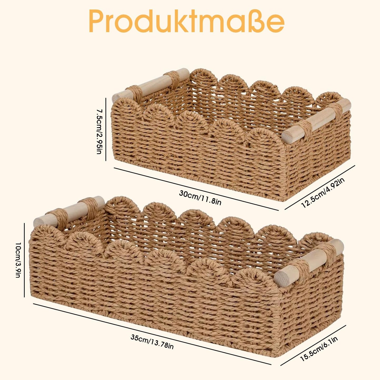 2Pcs Wicker Storage Baskets, Handwoven Organiser Boxes with Wooden Handles, Versatile Woven Bins for Bathroom, Kitchen, Pantry