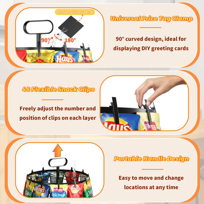 Simaixing 4 Tier Rotating Chip Rack Display Stand with 48 Clips, Countertop Chip Bag Holder with Wooden Base