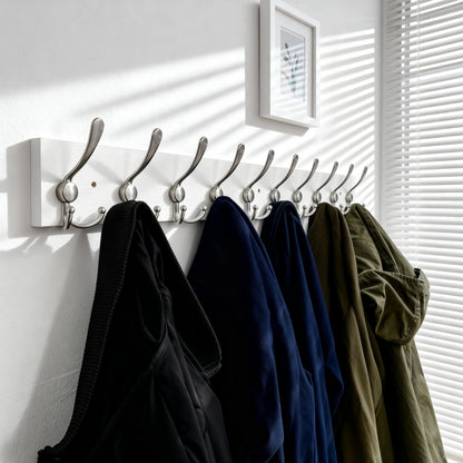 SKOLOO Creations White Solid Wood Wall Mounted Coat Rack, 10 Hooks, 38-1/8" Long - Kitchen, Mudroom, Entryway, Bathroom - Includes Mounting Hardware