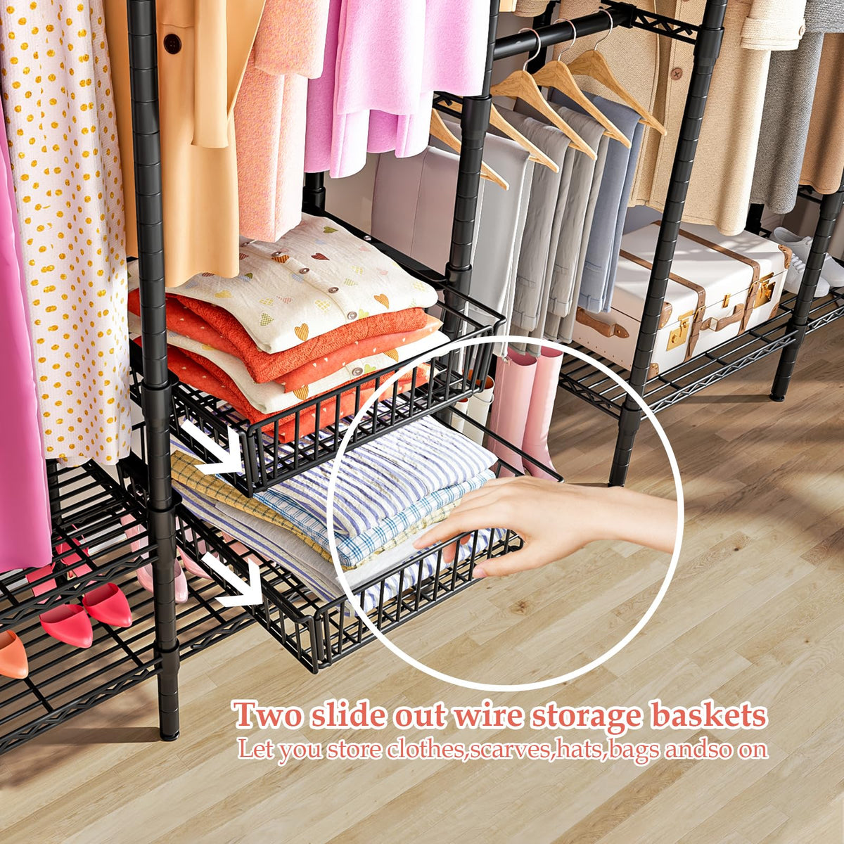KZOBYD Extendable Clothes Rails with Pull-out Baskets, Length 98-115 inch