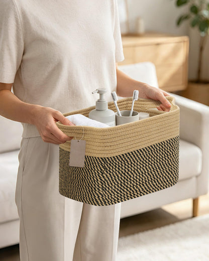 JOJOSEE Small Cotton Woven Storage Basket for Shelves, Black&Brown, 3PCS
