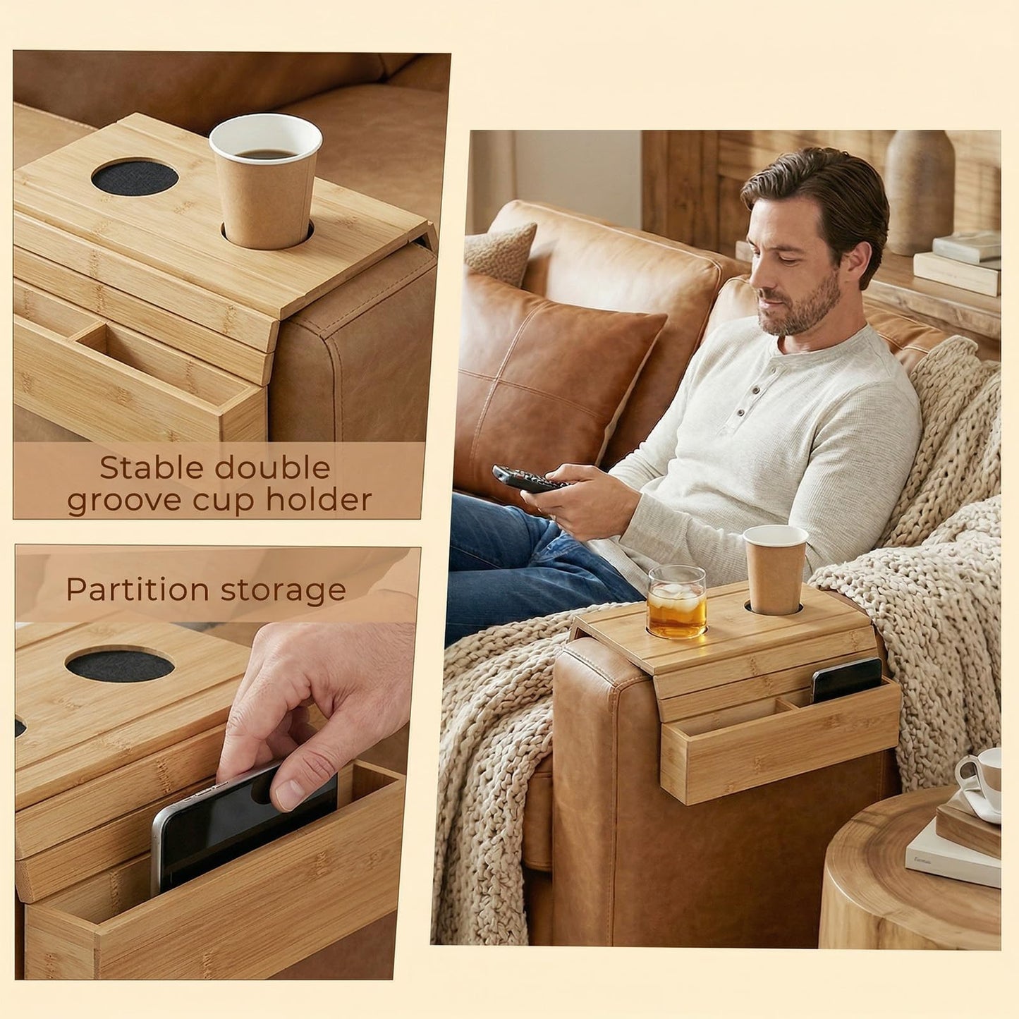 Bamboo Sofa Arm Tray, Foldable Anti Slip Couch Armrest Table with Cup Holder, Phone Holder and Storage Compartments