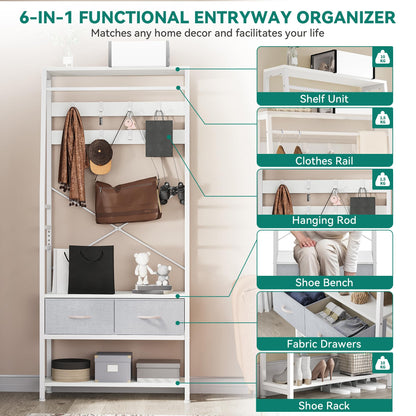 YITAHOME Coat Rack Stand with Shoe Storage, Floorstanding Hall Tree with Bench & 2 Foldable Drawers