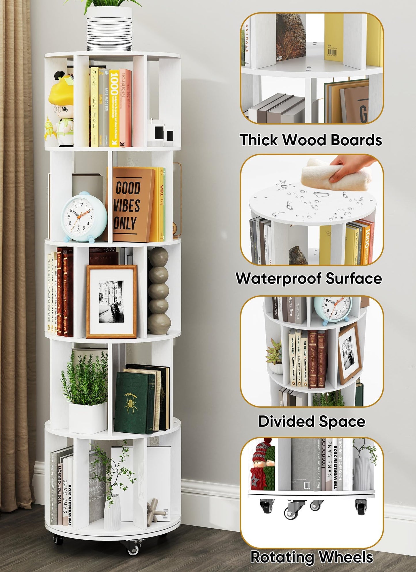Suuiwau 5 Tier Rotating Bookshelf, 360° Revolving Bookcase with Wheels