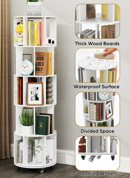 Suuiwau 5 Tier Rotating Bookshelf, 360° Revolving Bookcase with Wheels