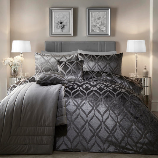 SOIREE - Luxury Ogee Velvet Duvet Cover - Double Bedding Size (200 x 200cm) - 2x Pillowcases - Soft & Cosy Velvet Bedding in Slate Grey - Jacquard -