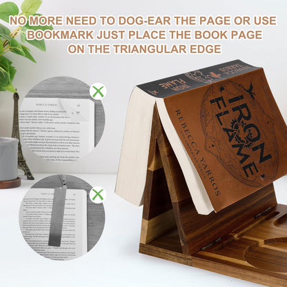 3HQ Wooden Book Stand for Reading Rest, Acacia Triangle Book Holder with Cup, Glasses, Pen & Phone Holder