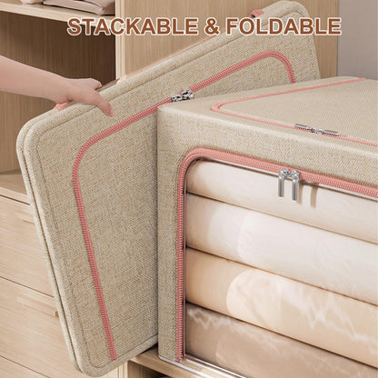 Douzi 2 Pack Clothes Storage Boxes Closet Organizers and Storage, Foldable Cloth Steel Frame Box for Storing Bedding,Blankets-Khaki-66L