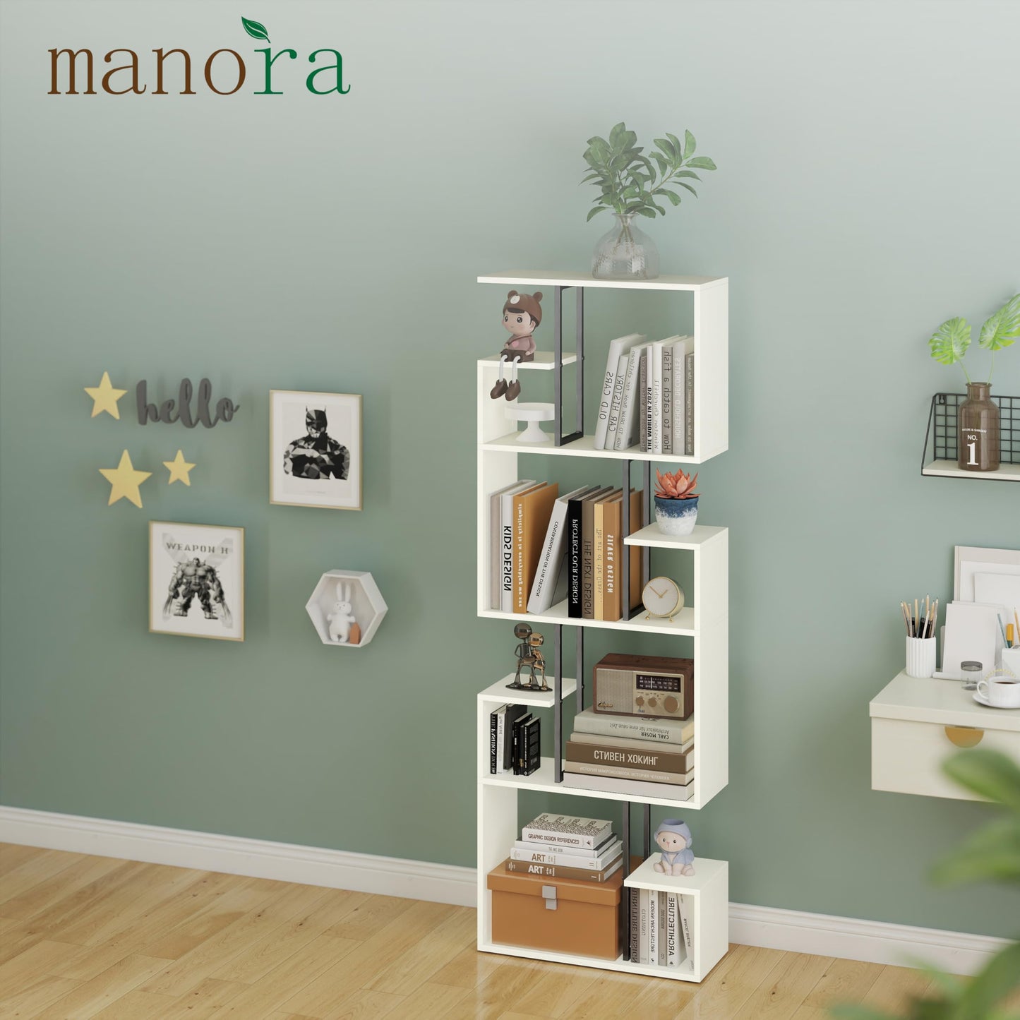 Manora White Bookcase 4 Tier Narrow Bookcase Room Divider Shelves