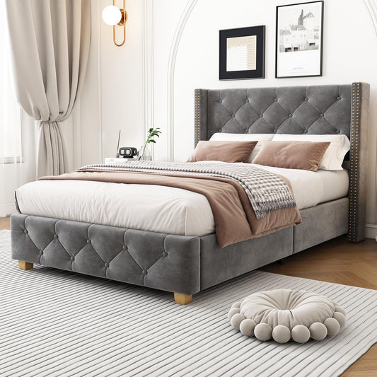 BTM Upholstered Single Bed 3ft(90 * 190cm), Single Bed Frame with Headboard, Slatted Frame, Button & Rivet upholstery and Wooden Leg, Grey Velvet
