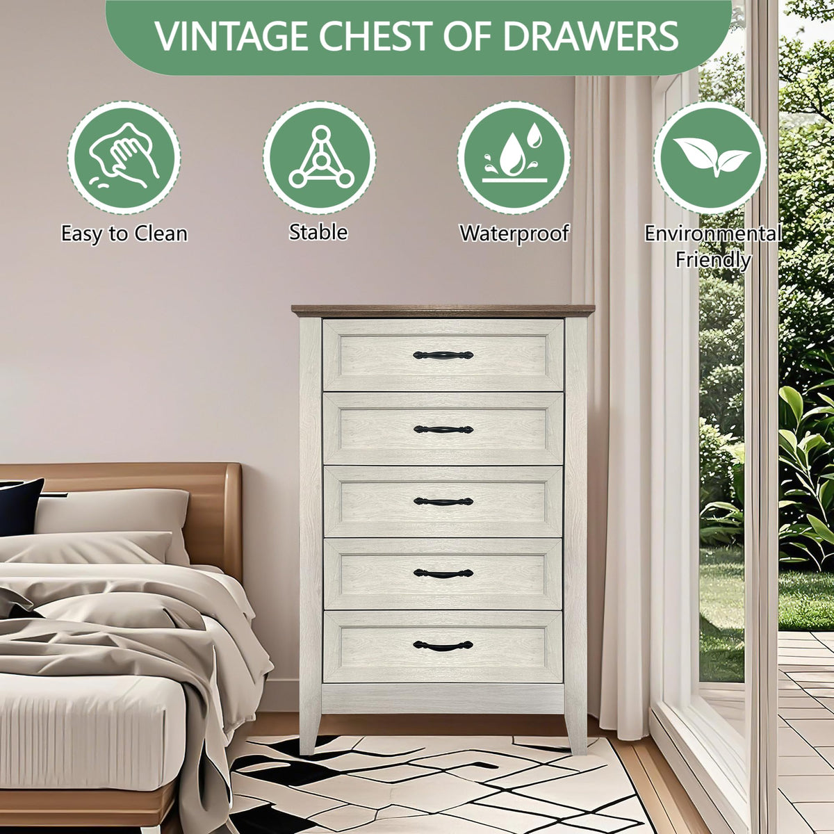 Crevyteg 5 Drawer Tall Dresser for Bedroom – Sturdy Steel Frame, Collapsible Drawers, Easy Pull Handles – Wooden Storage Chest
