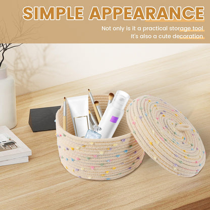 2Pcs Cotton Rope Storage Basket, 18.5cm 23cm Round Woven Shelf Storage Bin with Lid and Carrying Handle