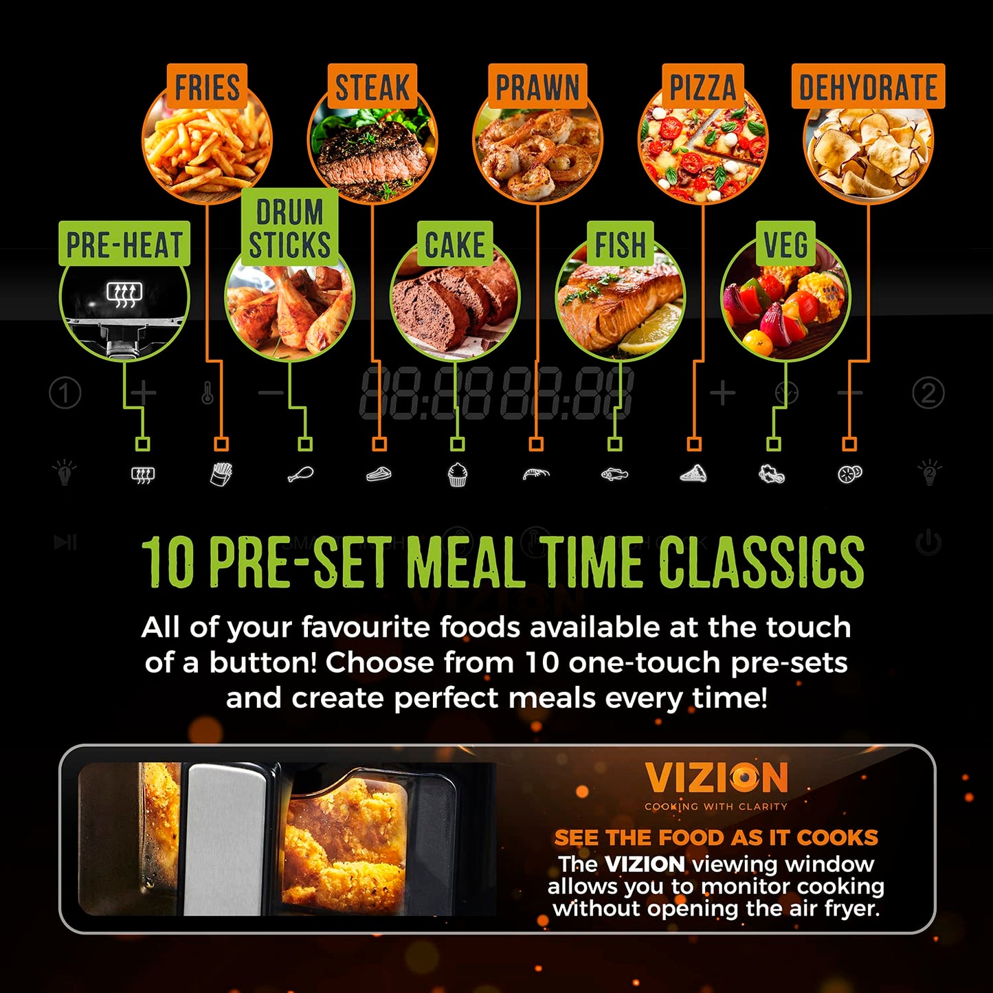 Tower, T17100, Vortx Vizion 9L Dual Basket Air Fryer with Digital control panel & 10 One-touch Pre-sets, Black