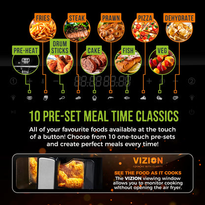 Tower, T17100, Vortx Vizion 9L Dual Basket Air Fryer with Digital control panel & 10 One-touch Pre-sets, Black
