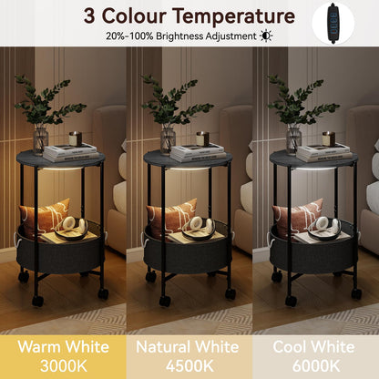 ARTETHYS Side Table, Small Side Coffee Tables for Living Room, End Table with LED Lights, Wheels, Storage Basket, Bedside Sofa Tables for Bedroom