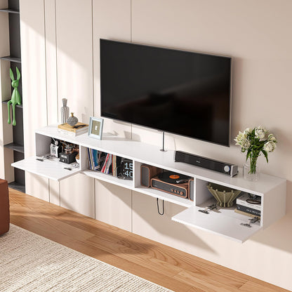 FloatiCasa 180cm White Plywood Floating TV Stand, Fluted Doors & Cabinets
