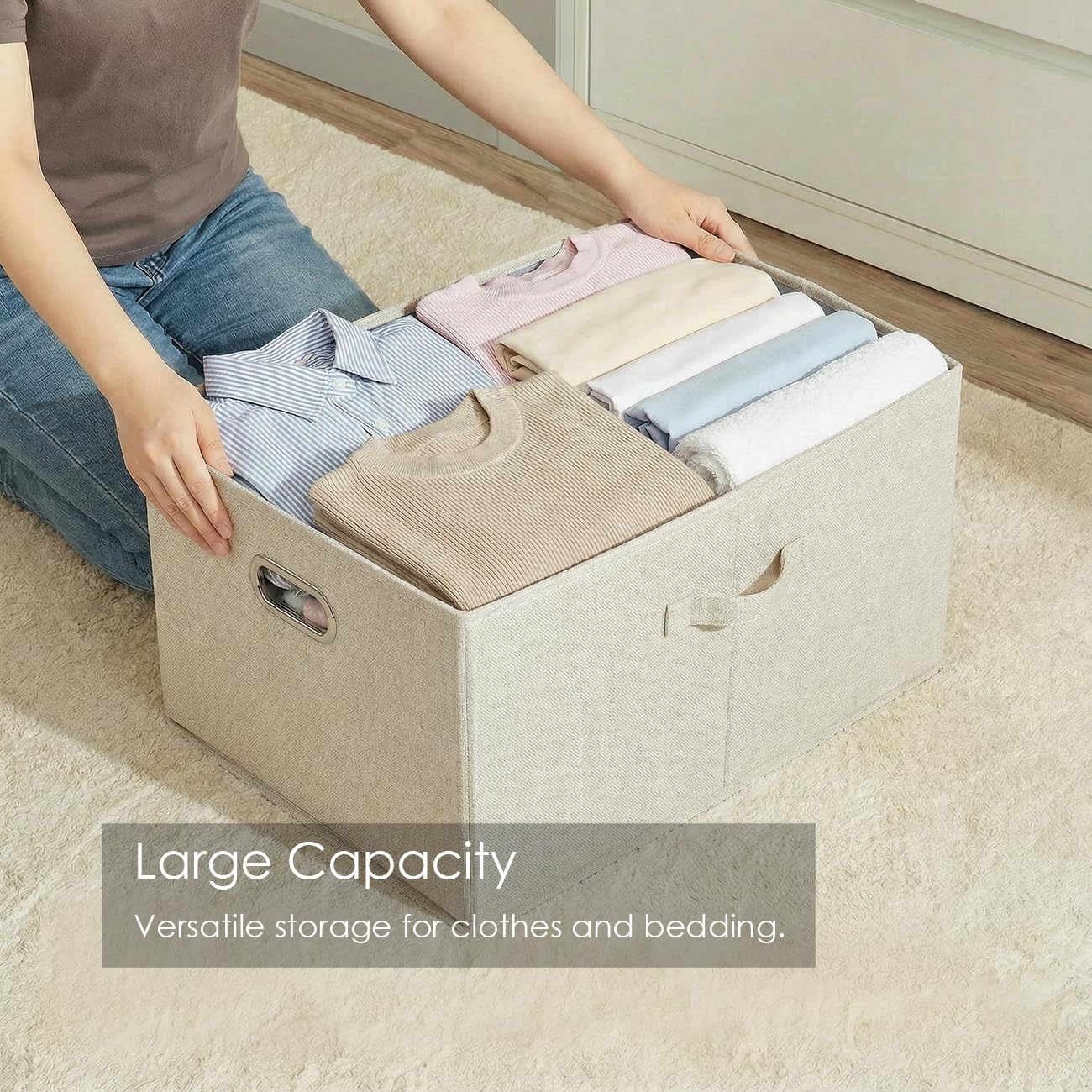 Prandom Storage Boxes with Lids Extra Large,58x40x30cm,Beige[1-Pack]