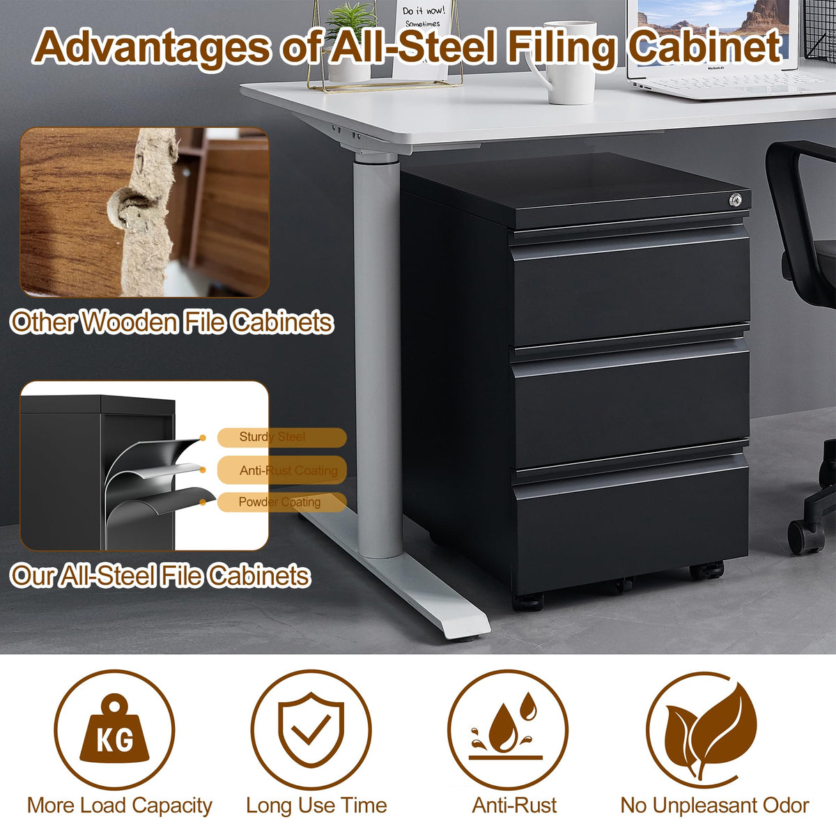 HOMSTEEL 3 Drawers File Cabinet, Metal Filing Cabinet with Lock, Mobile File Cabinet, Fully Assembled Except Casters, for Office, Home Office, Black