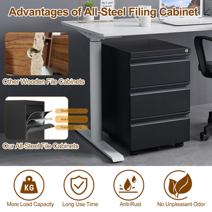 HOMSTEEL 3 Drawers File Cabinet, Metal Filing Cabinet with Lock, Mobile File Cabinet, Fully Assembled Except Casters, for Office, Home Office, Black