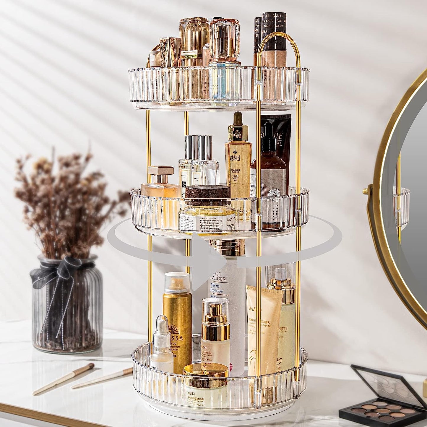 Bingobang Makeup Organiser 360 Rotating, Spinning 3 Tiers Skincare Cosmetic Organizer Acrylic Large, Tidy Storage Shelf for Perfume, Jewelery, Brush,