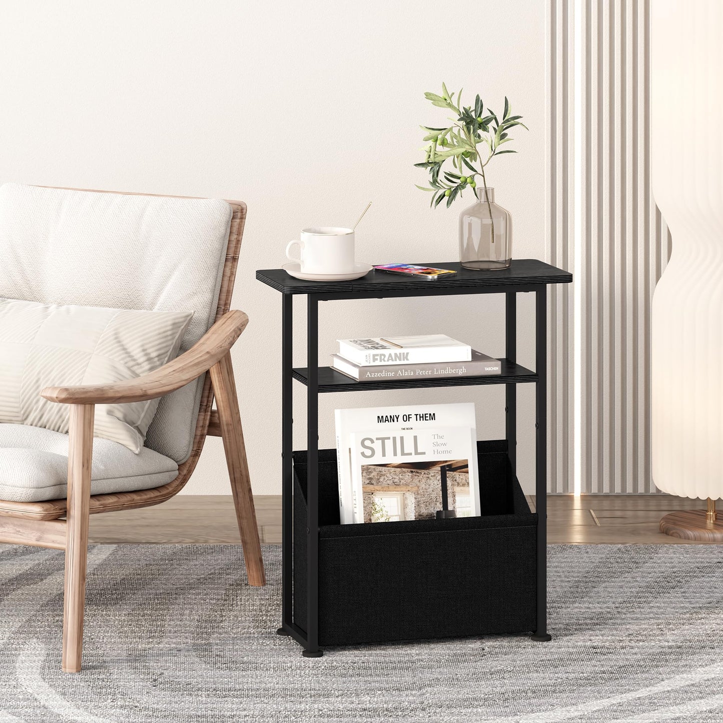 Yusong Narrow Side Table for Small Spaces, Skinny End Table with Storage Basket, 3 Tier Slim Sofa Couch Bedside Table, Thin Nightstand for Bedroom