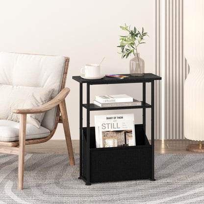 Yusong Narrow Side Table for Small Spaces, Skinny End Table with Storage Basket, 3 Tier Slim Sofa Couch Bedside Table, Thin Nightstand for Bedroom