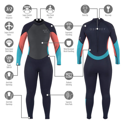 Osprey Womens Full Length 3mm Summer Wetsuit, Adult Neoprene Surfing Diving Wetsuit, Zero, Coral, XL