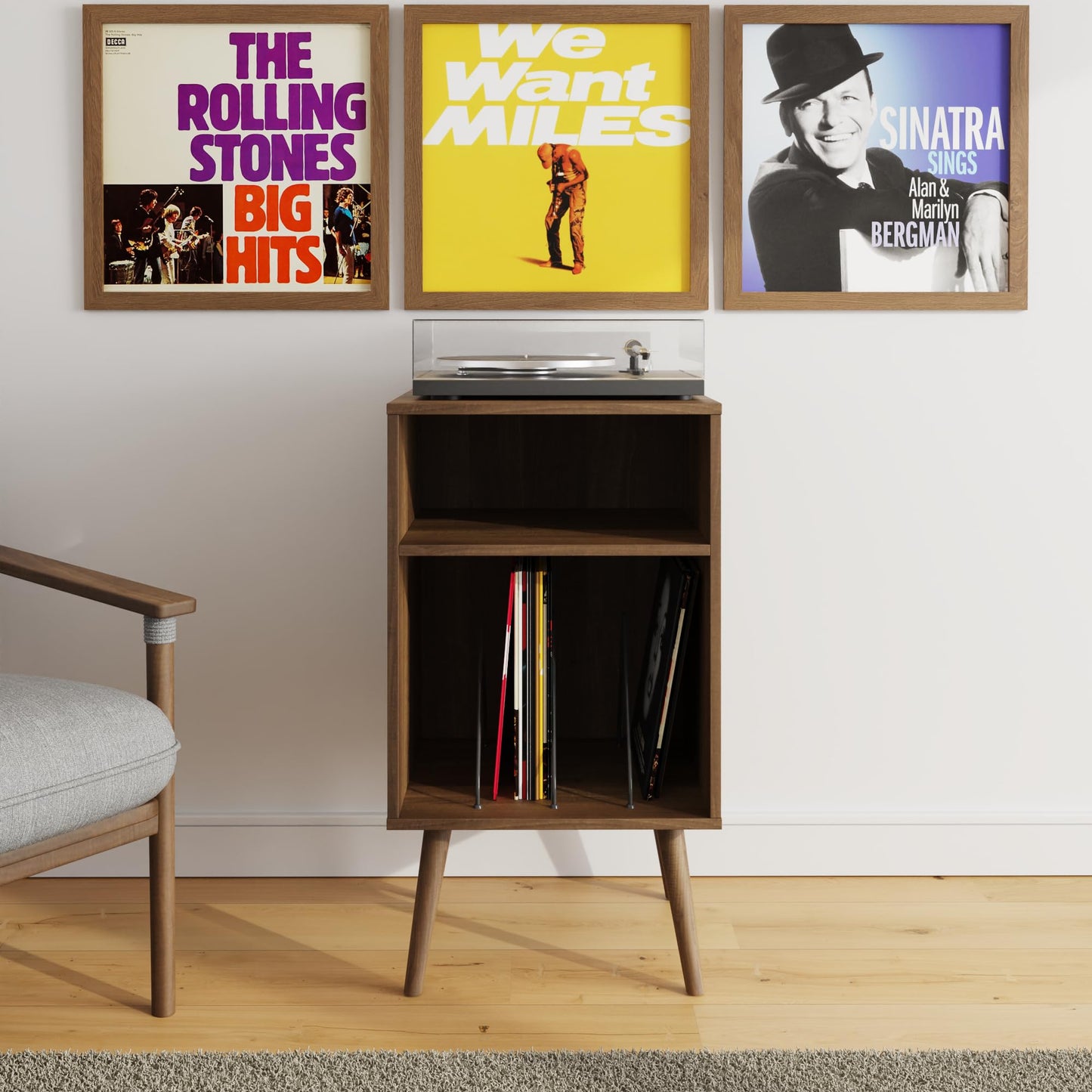 GFW Jaxon Compact Turntable Stand, Walnut Vinyl Record Storage Unit with Mid-Century Tapered Legs
