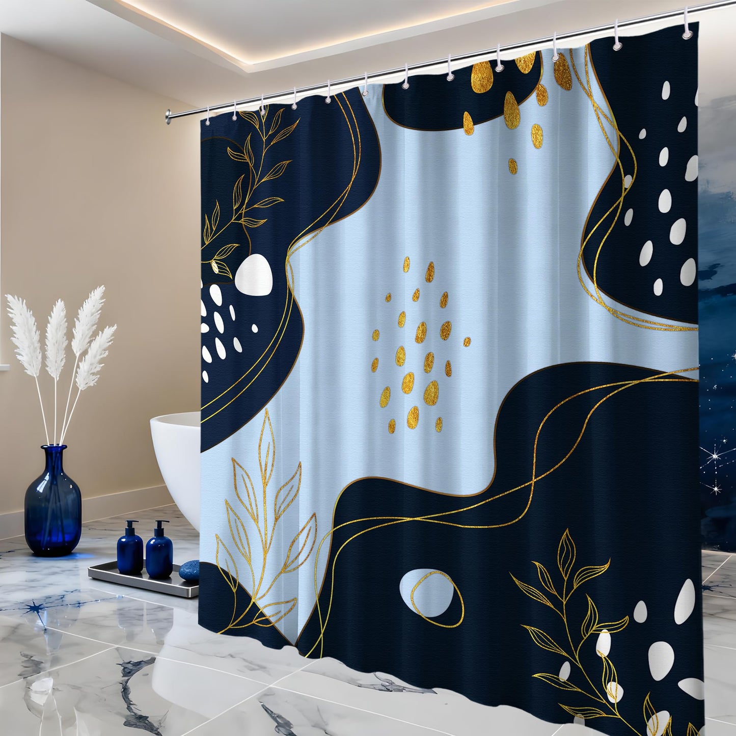 LanZanthic Navy Blue and Gold Shower Curtains for Bathroom Dark Blue Modern Boho Wet Room Shower Curtain with hooks, Mould Proof Resistant