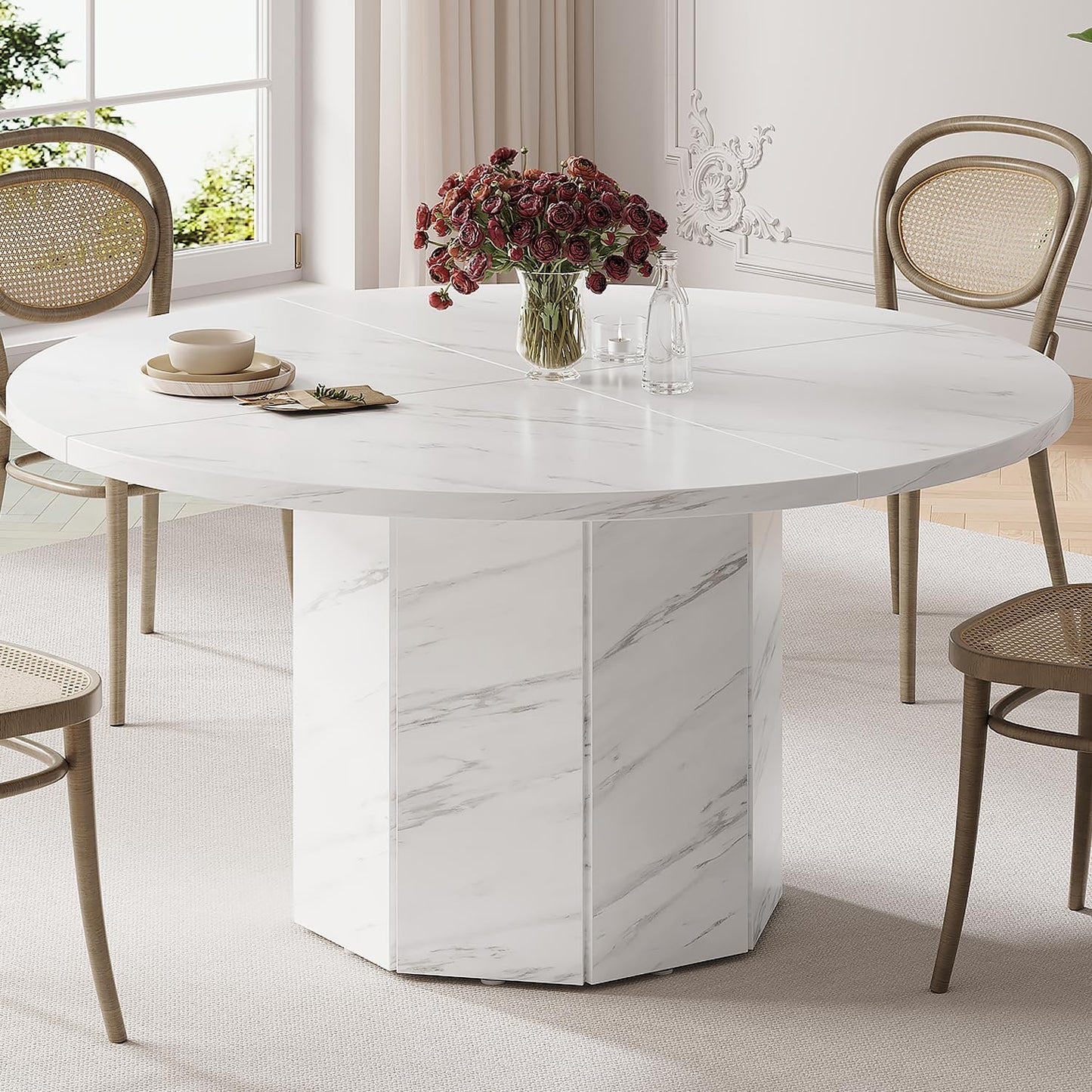 HSH Round Dining Table for 4-6 People, White Faux Marble Dinner Table only, Modern Circle Kitchen Table for Home Living Room, Industrial Wood Dining