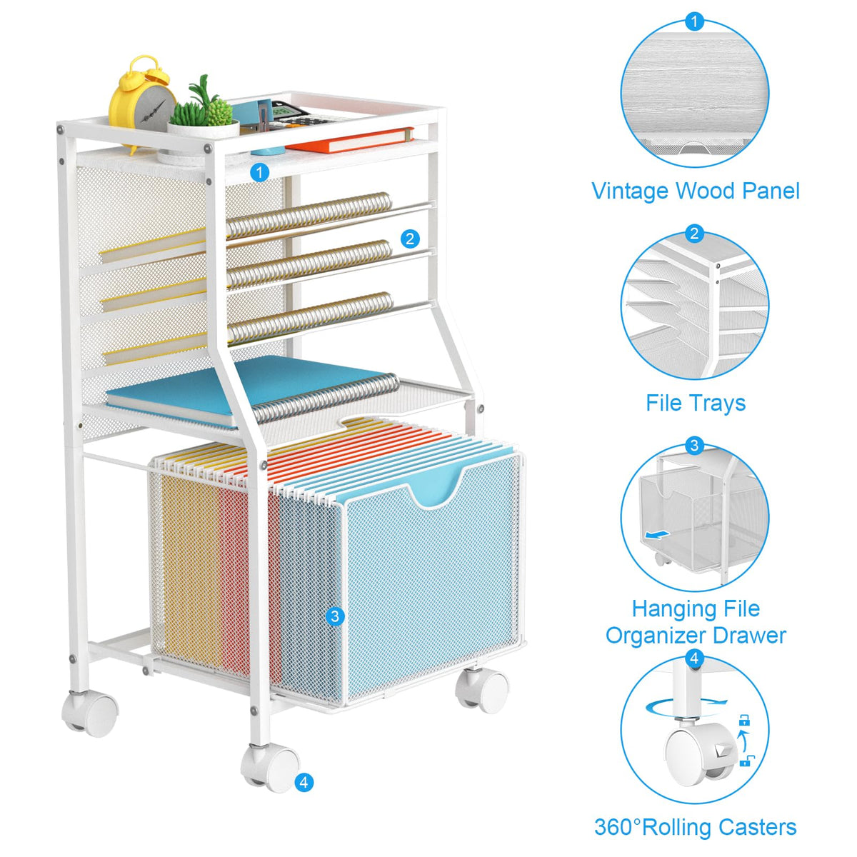 BOHDK Rolling File Cart, 6-Tier Under Desk Organiser on Lockable Wheels, Black Wood Planks & Mesh File Cart with Sliding Drawer and Paper Trays for