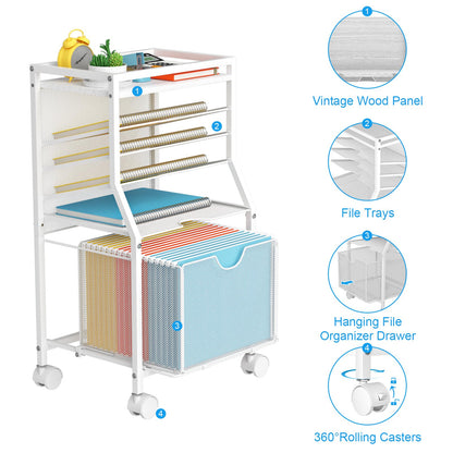 BOHDK Rolling File Cart, 6-Tier Under Desk Organiser on Lockable Wheels, Black Wood Planks & Mesh File Cart with Sliding Drawer and Paper Trays for