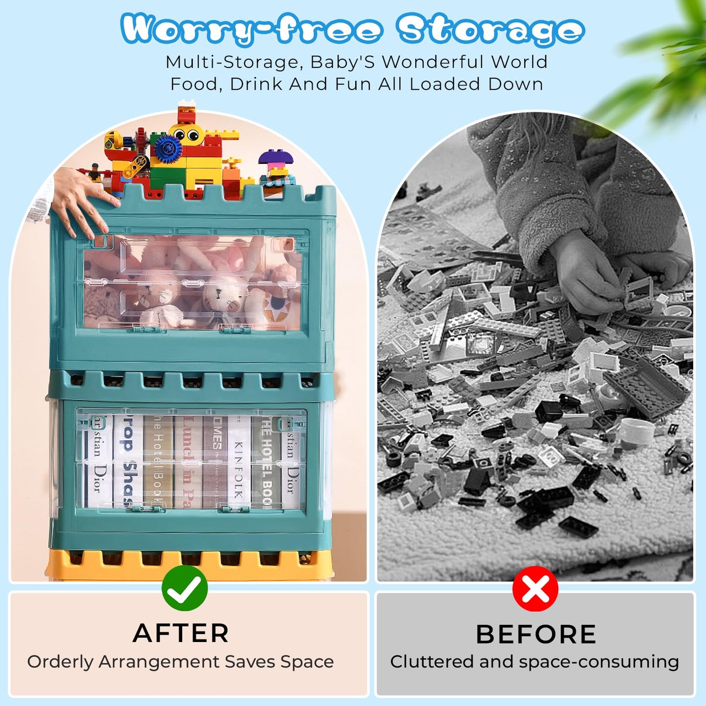 alouweekukky Kids Plastic Folding Storage Box with Lid, Double Opening with Pulleys, Suitable for Kids