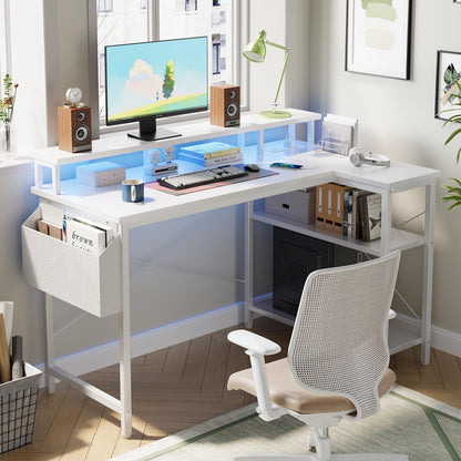 Grandder L Shaped Desk with LED Lights & Power Outlets, 100 cm Gaming Desk with 2 Shelves, Computer Table with Monitor Stand, Home Office, White