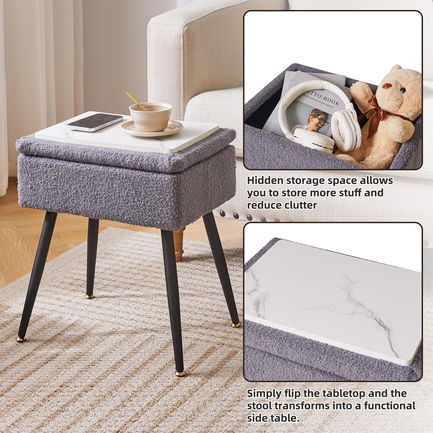 Aibiju Stool Chair for Dressing Table, Faux Teddy Fur Vanity Stool with Storage, Bedroom Ottoman Stool with Metal Legs for Home Living Room, Bedroom,