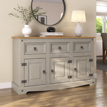 Corona Grey Sideboard 3 Door 3 Drawer Large Solid Mexican Pine Wooden Cabinet with Gunmetal Hardware W 125 cm x D 40 cm x H 76 cm