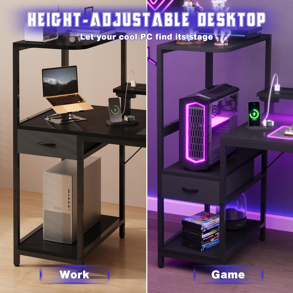 JUMMICO 120×60cm Gaming Desk with Power Outlet & LED Lights, Reversible L-Shaped Computer Desk with Monitor Stand, Storage Drawer & Shelves