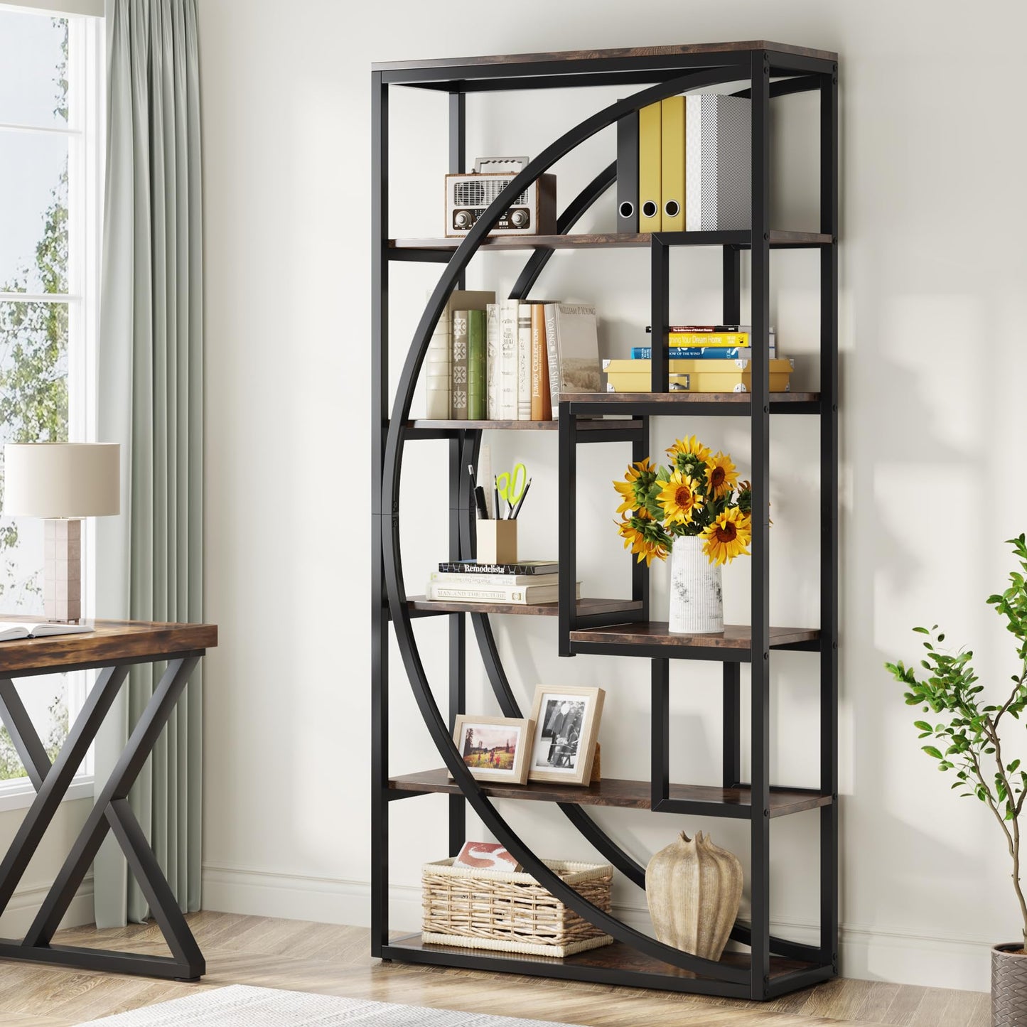 Tribesigns Industrial Bookcase 180 cm Height - 5-Tier Vintage Brown Shelf with 8 Open Compartments, Sturdy Shelf Unit for Living Room / Home Office