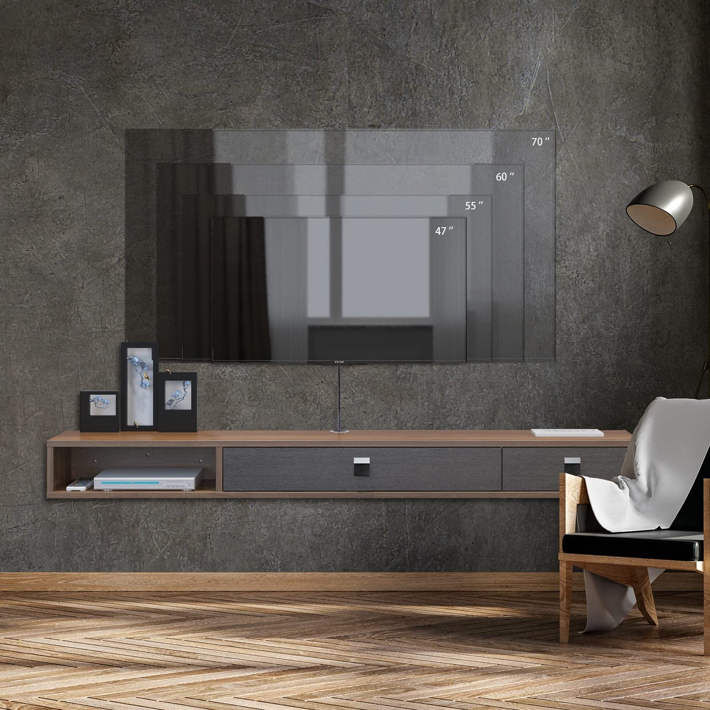 Pmnianhua Floating TV Unit, 71'' Wall Mounted TV Cabinet, Floating Shelves with 2 Doors
