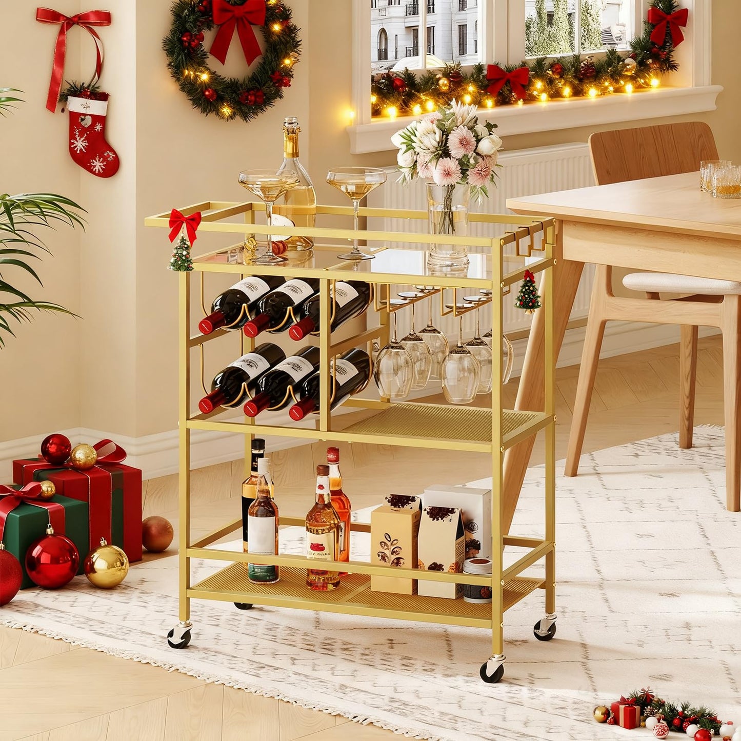 MAHANCRIS Bar Cart for Home, 3-Tier Serving Cart with Wheels and Handle, Beverage Cart with Wine Rack and Glass Holders