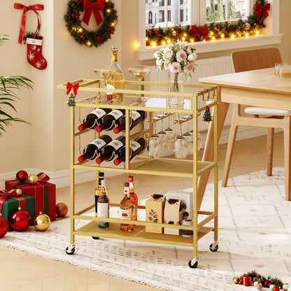 MAHANCRIS Bar Cart for Home, 3-Tier Serving Cart with Wheels and Handle, Beverage Cart with Wine Rack and Glass Holders