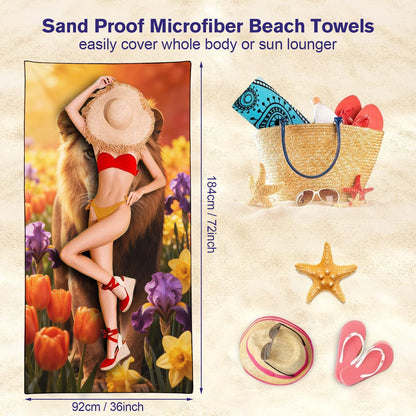 Violetpos Lion in Tulips & Irises Beach Towel, Extra Large 180x90 cm 250GSM Microfibre, Sand Free Quick Dry