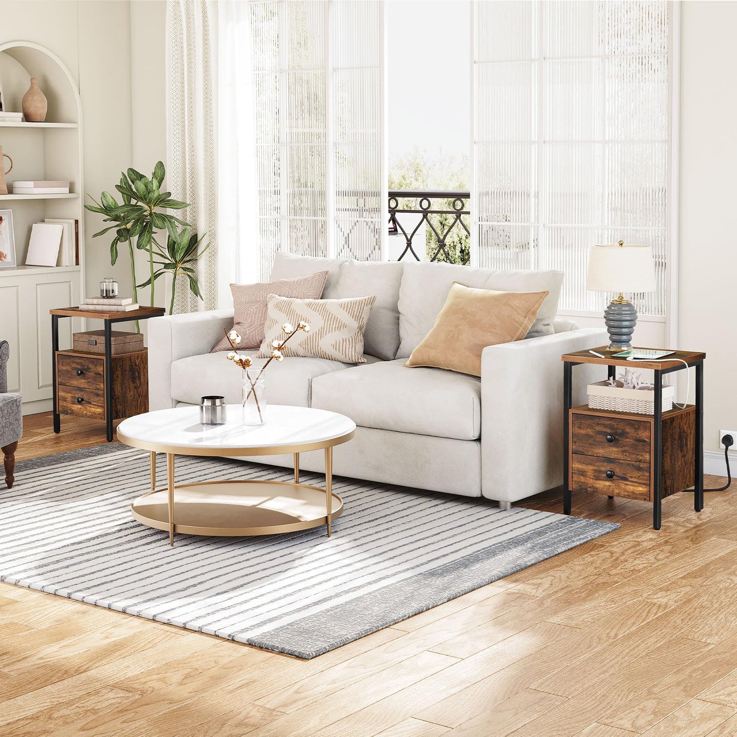 HOOBRO Bedside Table, Side Table with Charging Station, 2 USB Ports and 2 Sockets, End Table with 2 Drawers, Sofa Side Table, Nightstand for Living