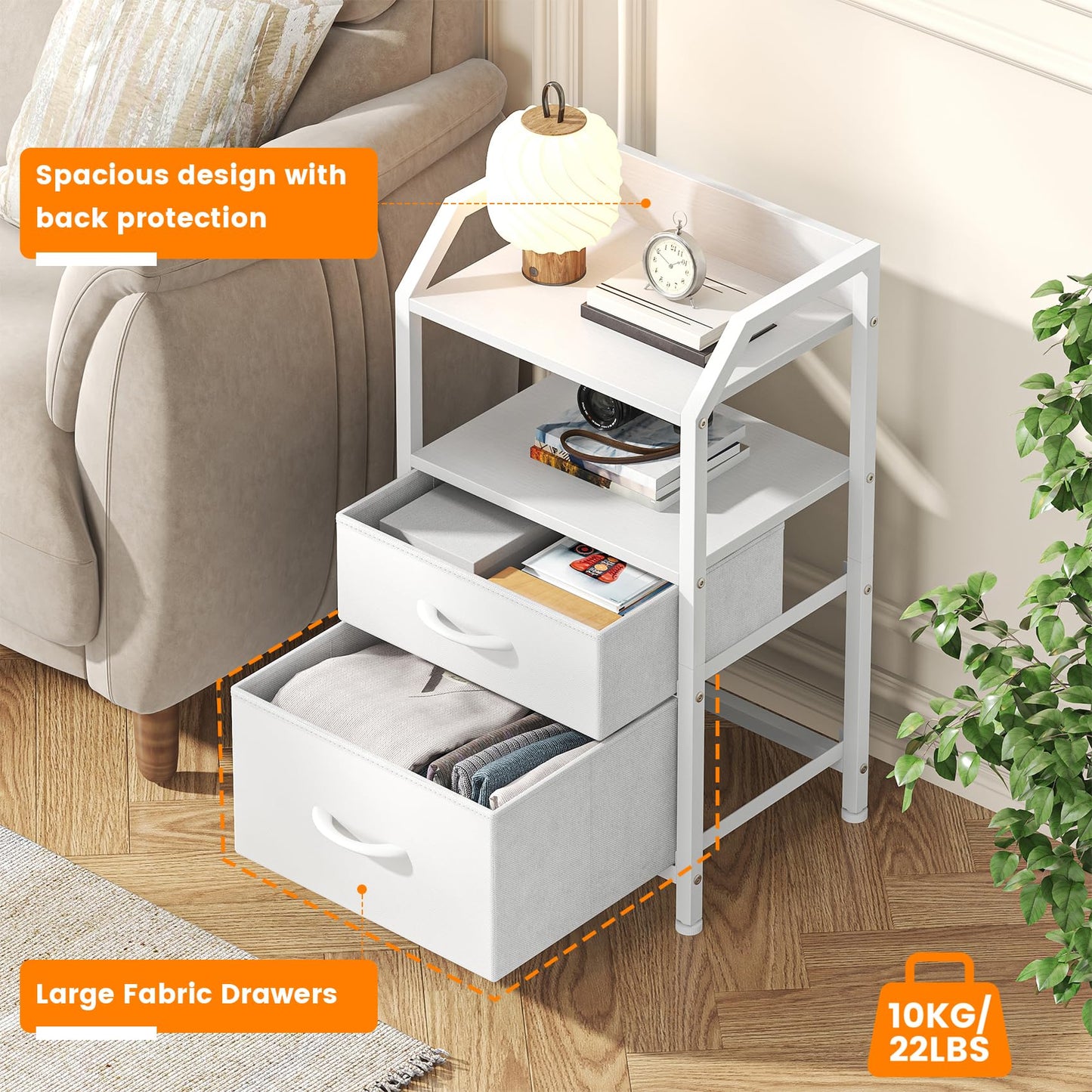 Feonase Bedside Table with 2 Fabric Drawers & Open Shelf - Sturdy Metal Frame Nightstand, Compact End Table for Bedroom, Living Room, Small Spaces
