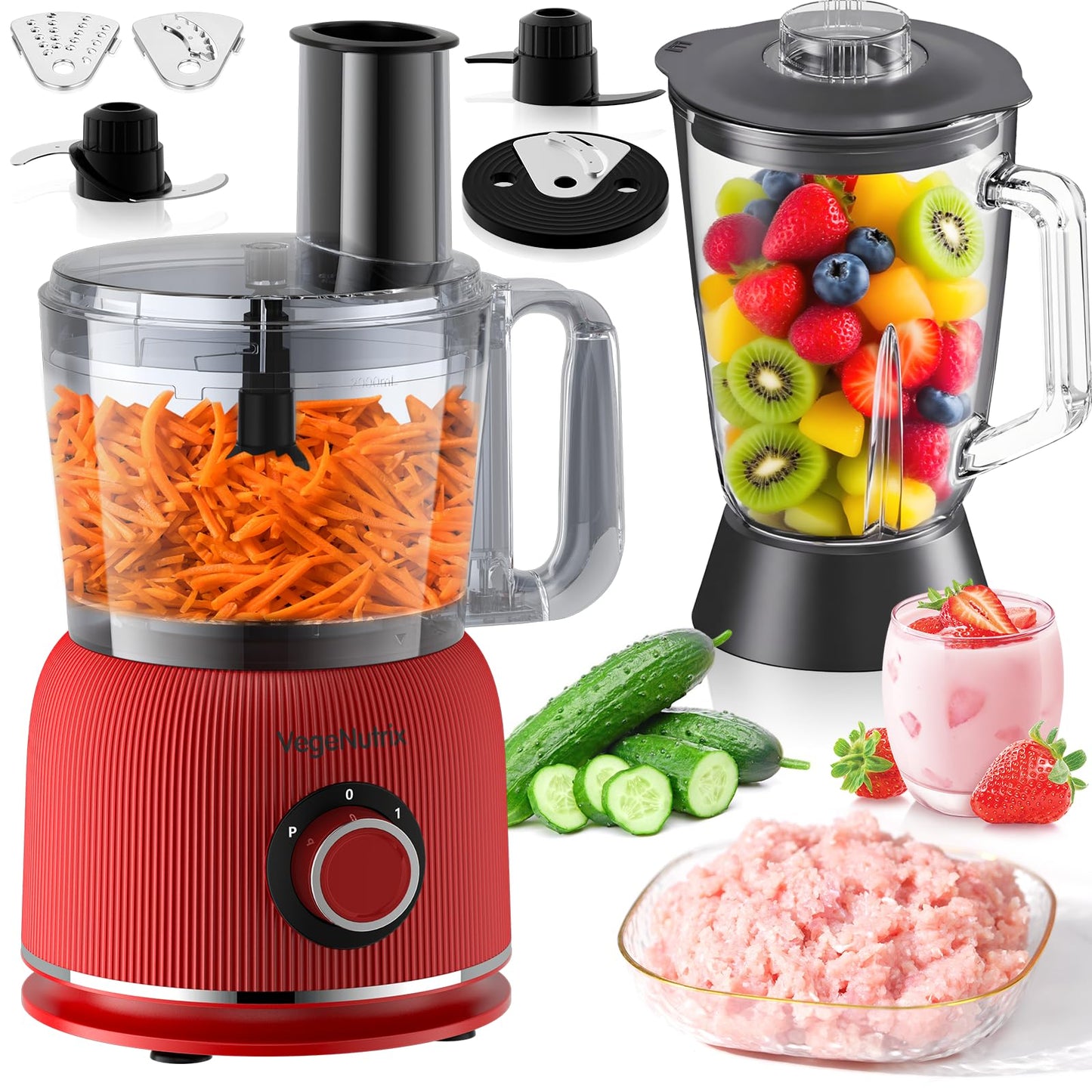 1500W Food Processor and Blender Combo, 2.5L Food Chopper for Meat, Vegetable and Dough, 2L Glass Jar Blender with 2 Speeds and Pulse for Smoothie,
