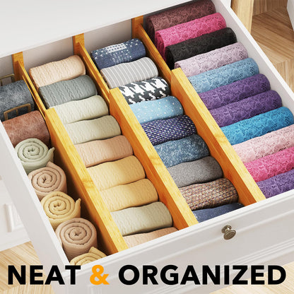 SpaceAid WIAONE Bamboo Dresser Drawer Dividers 6 Pack, 4.65“ High Adjustable 12.5“-17” Drawer Organizers, Expandable Organization for Clothing