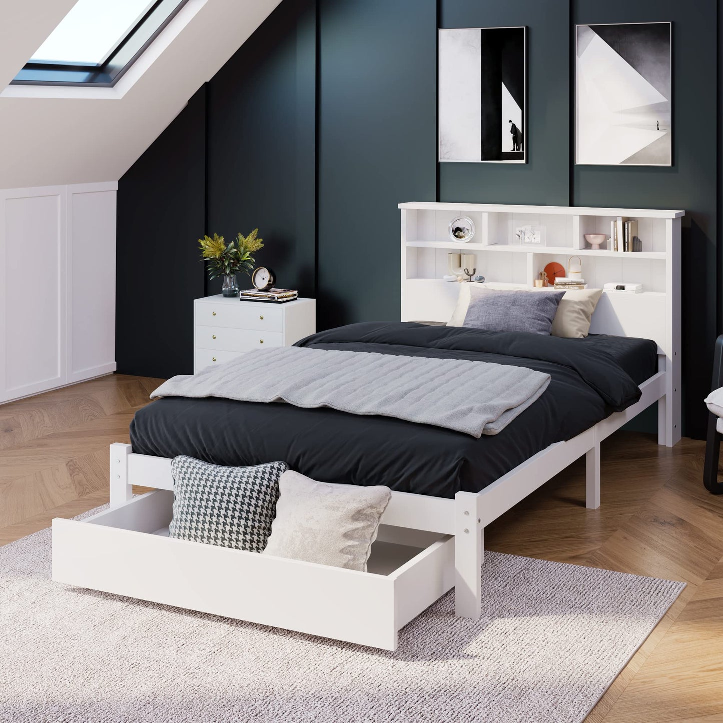 BTM Wooden Bed Frame with Shelves,Wooden Storage Bed, Shelf Headboard, Single Bed for Adult,Kids, Teenagers - 3FT (90 x 190 cm), White