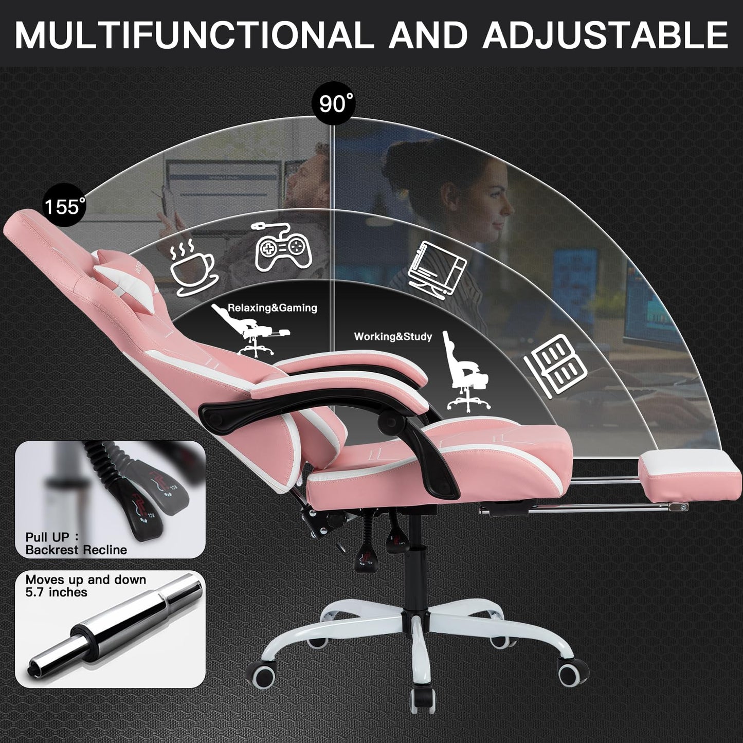 WOTSTA Gaming Chair, Ergonomic Gaming Chair, Computer Chairs with Headrest and Lumbar, Height Adjustable Rotating PC Chairs, Pink White