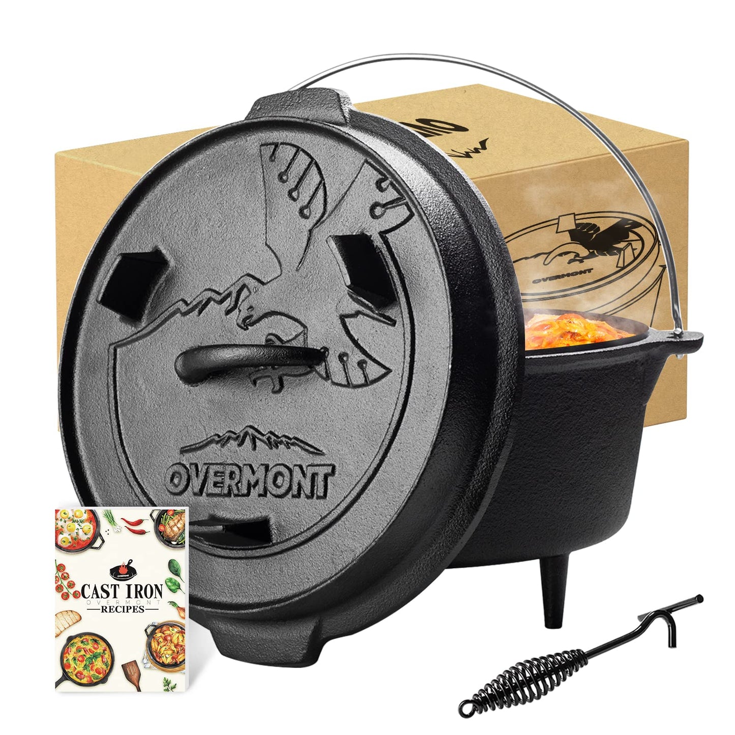 OVERMONT 5.7L/6 Quart(Pot body+lid) All-Round Dutch Oven Dual Function Lid Griddle with Lid Lifter Camping Pre Seasoned Cast Iron Pot